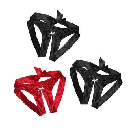 

HHei_K 3PC Women Satin Silk Bowknot Briefs G-String Thong Crotchless Lingerie Sleepwear