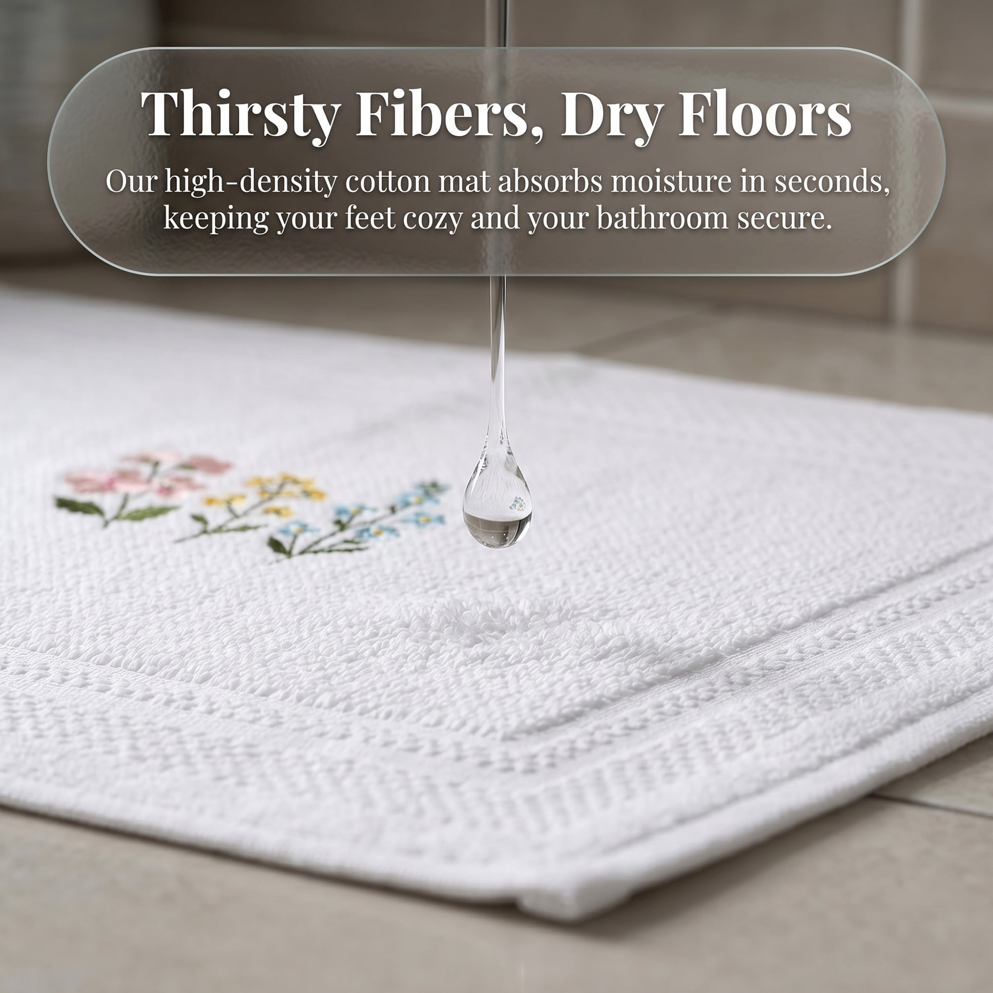 Unique Bargains Cotton Bathroom Absorbent Floral Embroidered Washable Mat White 24"x16"