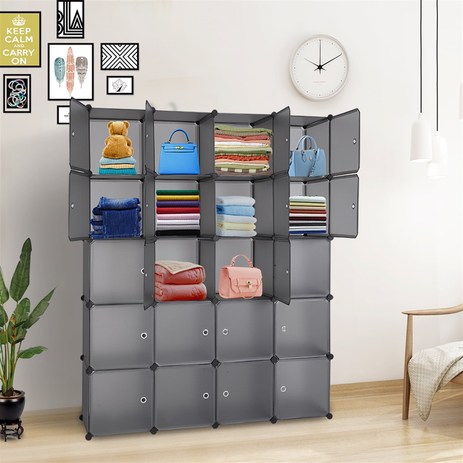 Private Jungle Plastic Closet Organizer with Doors, 20-Cube DIY Storage Cubes Organizer, Modular Storage Cabinet Book Shelf Shelving for Bedroom, Living Room, Office Gray