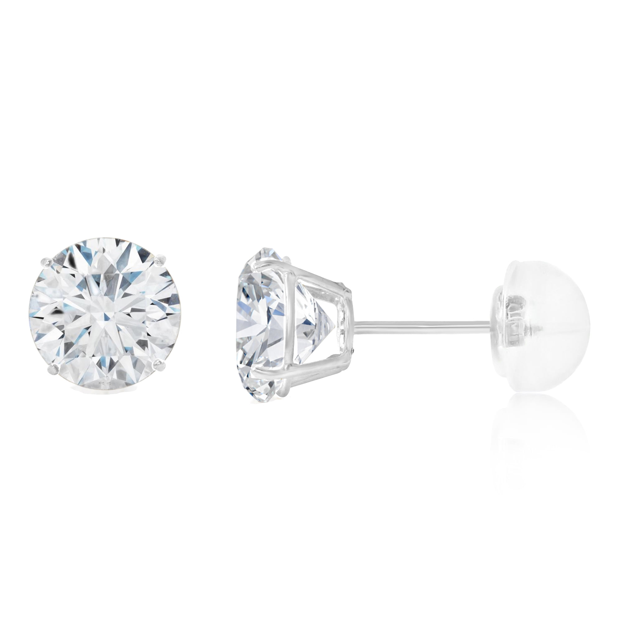 CZ Solitaire Round Stud Earrings 14k White Gold Earring Studs Push Back Silicone Basket Cubic Zirconia