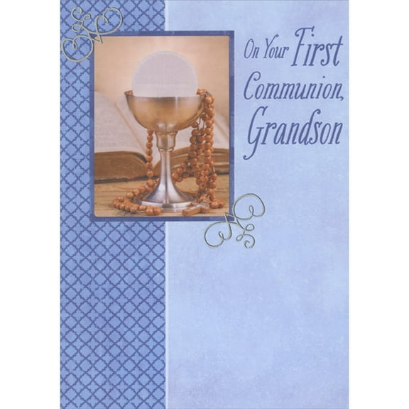 Designer Greetings Brown Rosary Draped Over Chalice Holding Host 1st / First Communion Congratulations Card for Grandson