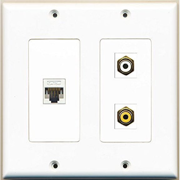 RiteAV - 1 Port RCA White 1 Port RCA Yellow 1 Port Cat5e Ethernet White - 2 Gang Wall Plate