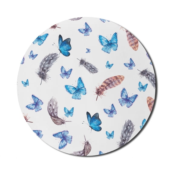 Butterfly Mouse Pad for Computers, Feathers and Butterflies Watercolor Style Image Print Vintage Style Print, Round Non-Slip Thick Rubber Modern Mousepad, 8" Round, Blue White Grey, by Ambesonne