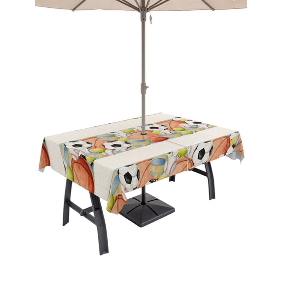 Outdoor Tablecloth with Umbrella Hole for Patio/Picnic/Party/Camping, Ball Sports Waterproof Table Cloth Rectangle Table Cover Washable, Rustic Football Basketball Sports (60"x 84")