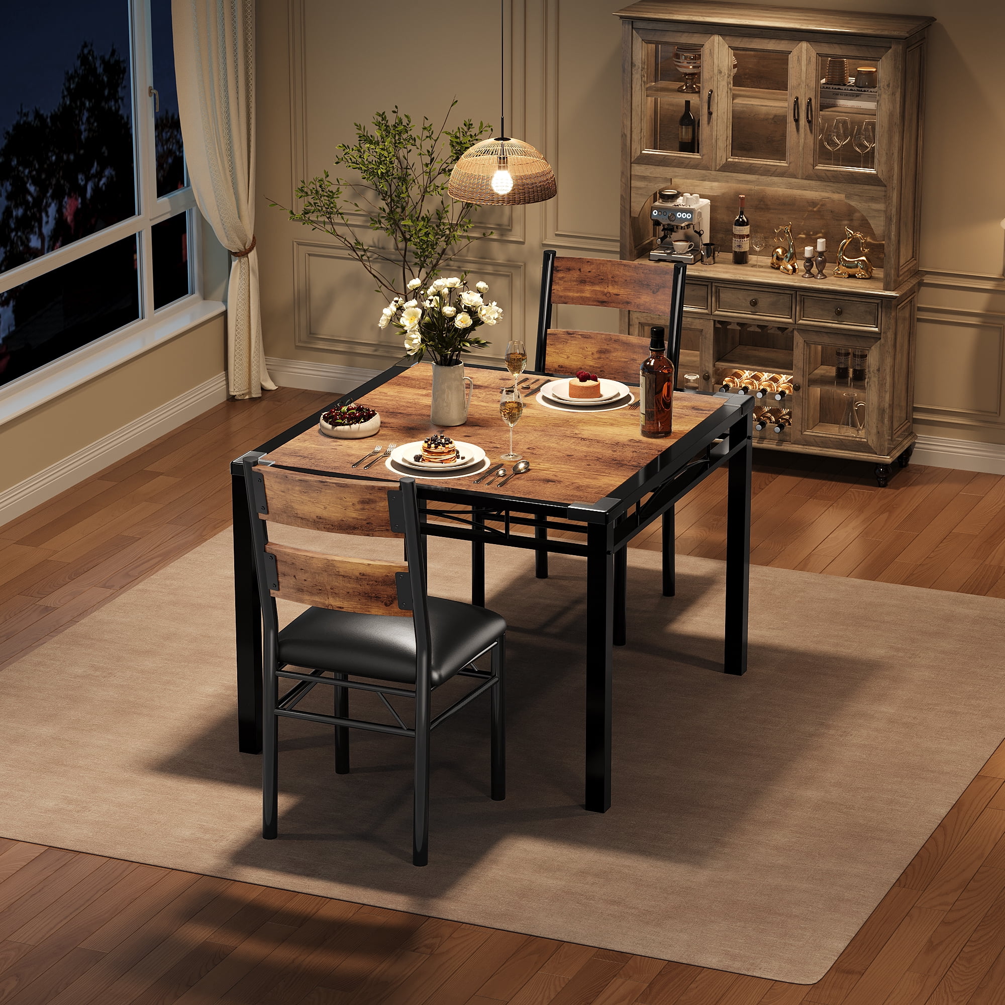 Space-Saving Dining Table Set for 2 – Vintage Brown Compact Kitchen & Bistro Furniture, Upholstered Chairs, Sturdy Metal Frame, Corner Protectors, Easy Assembly (Color: Vintage color
