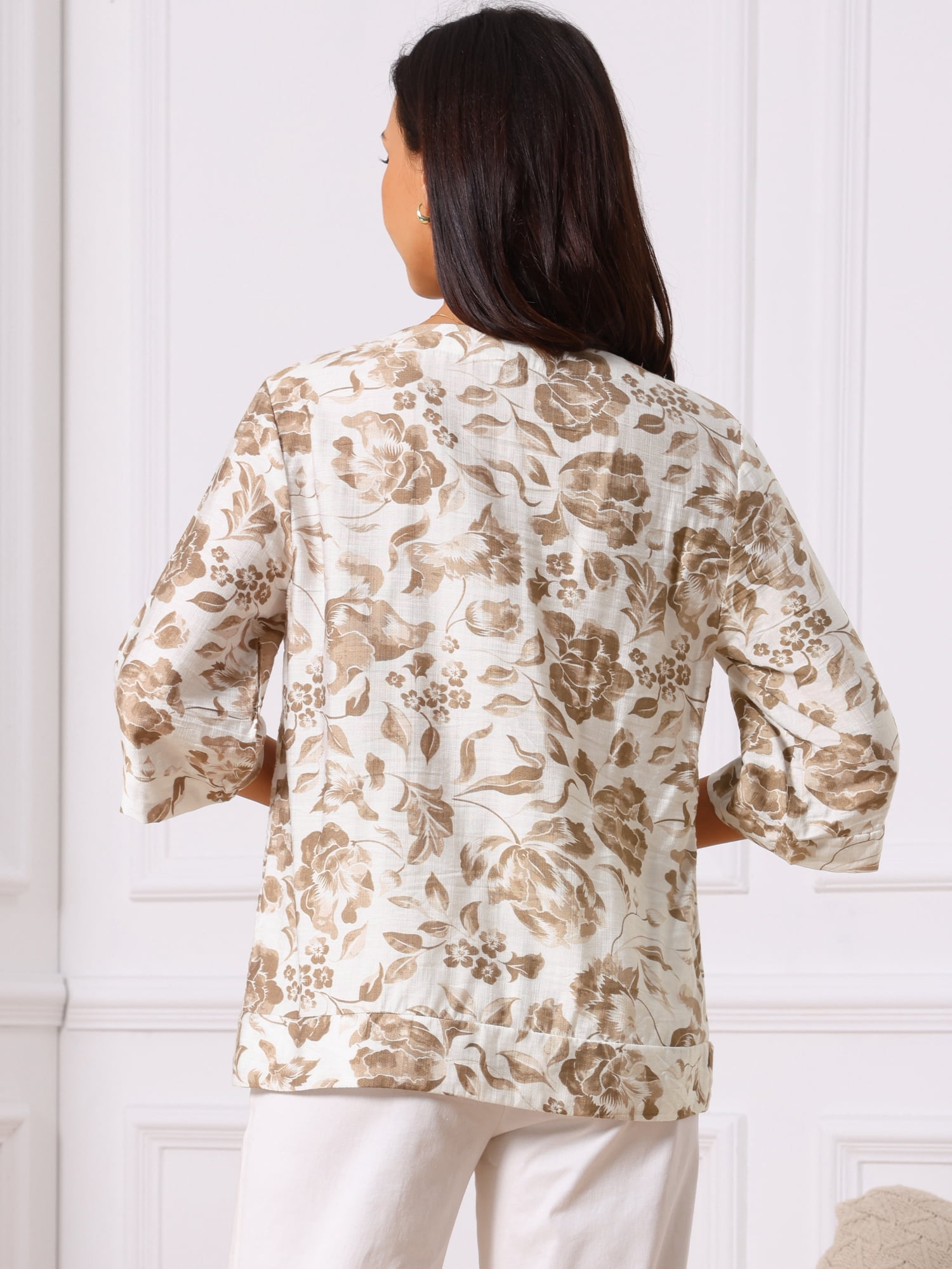 DARING DIVA Women's 3/4 Sleeve V Neck Boho Floral Button Decor Blouses L Brown
