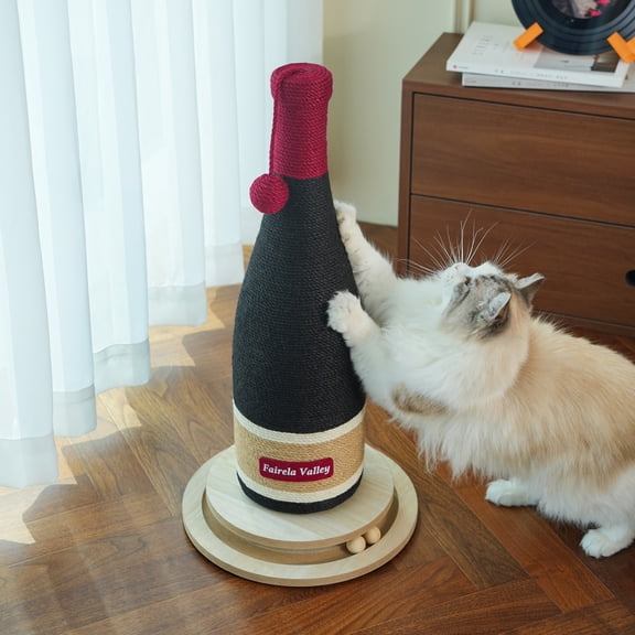 Fairela Rotating Base Sisal Rope Cat Scratching Post with Hanging Toy Ball, Brown Wine Bottle