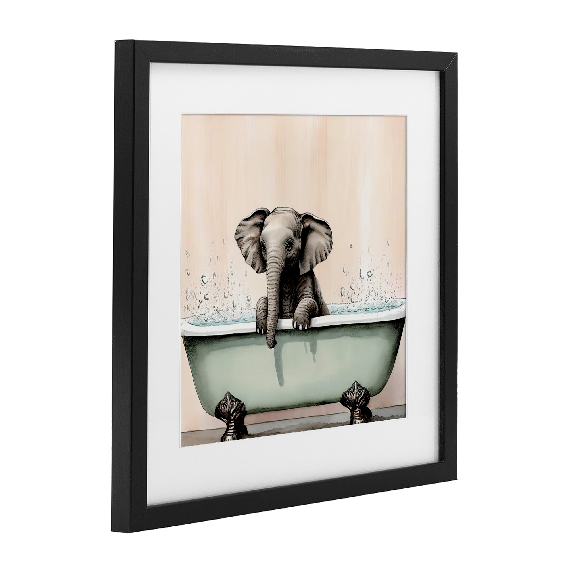 Baby Elephant Bathtime Black Framed Print Under Glass, design by Sasha