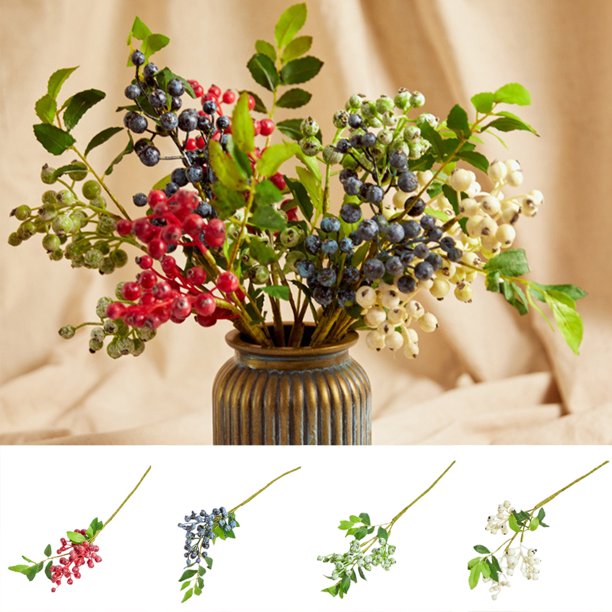 Cheer.US 3 piezas de flores artificiales flocadas de plástico, bayas falsas, plantas para bodas, ramos de novia para interiores y exteriores, hogar, cocina, oficina, centros de mesa, decoración