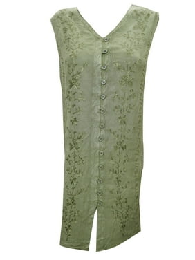 Mogul Women's Shift Dress Green Embroidered Sleeveless Button Front Resort Dresses