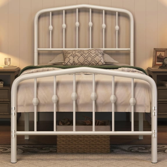Twin Bed Frame Arched Headboard, Victorian Metal Platform White