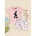 thumbnail image 2 of Suealasg Toddler Baby Girl Easter 2Pcs Clothes 6M 1T 2T 3T Kids Girl Summer Casual Shorts Sets Short Sleeve Rabbit Print T-shirt Tops+ Elastic Waist Floral Print Shorts, 2 of 9