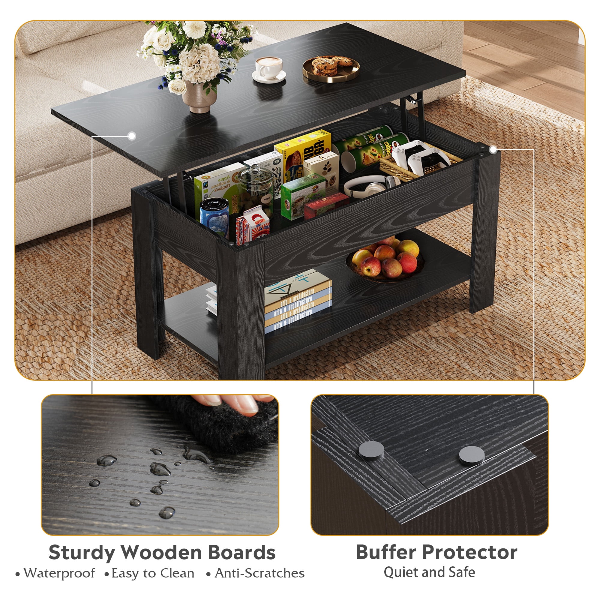 GALAXHERO 39" Lift Top Coffee Table with Storage Shelf & Hidden Compartment and Lifting Top for Home Living Room Office and Reception Room Black Oak