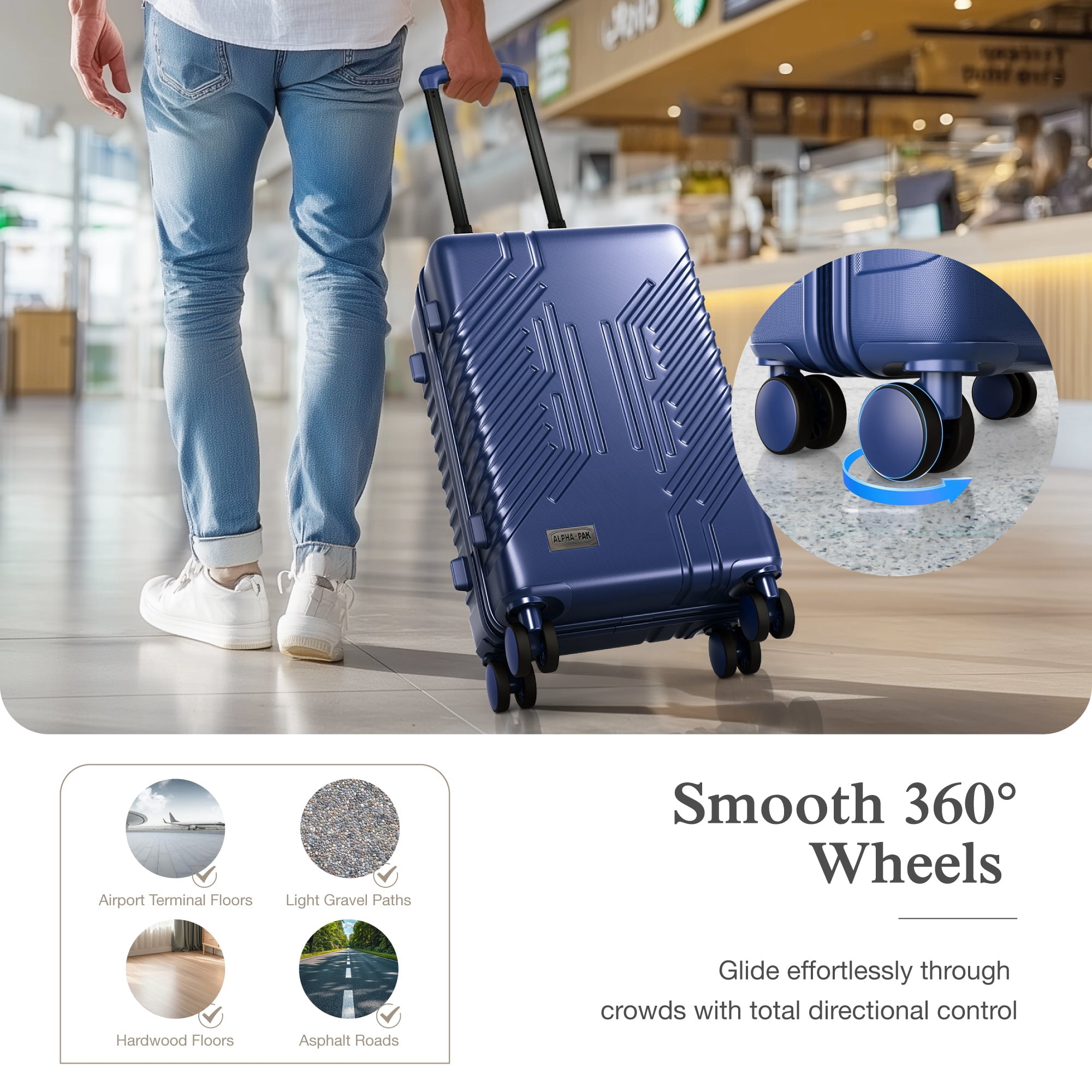 Alpha Joy Hard-shell ABS+PC Rolling Luggage 20" Carry-on Luggage with USB Port, Navy