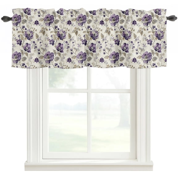 Spring Botanical Rod Pocket Curtain Valance, Watercolor Purple Floral Leaf Vintage Beige Farmhouse Window Valance for Living Room, Bedroom, Kitchen 42"W x 12"L