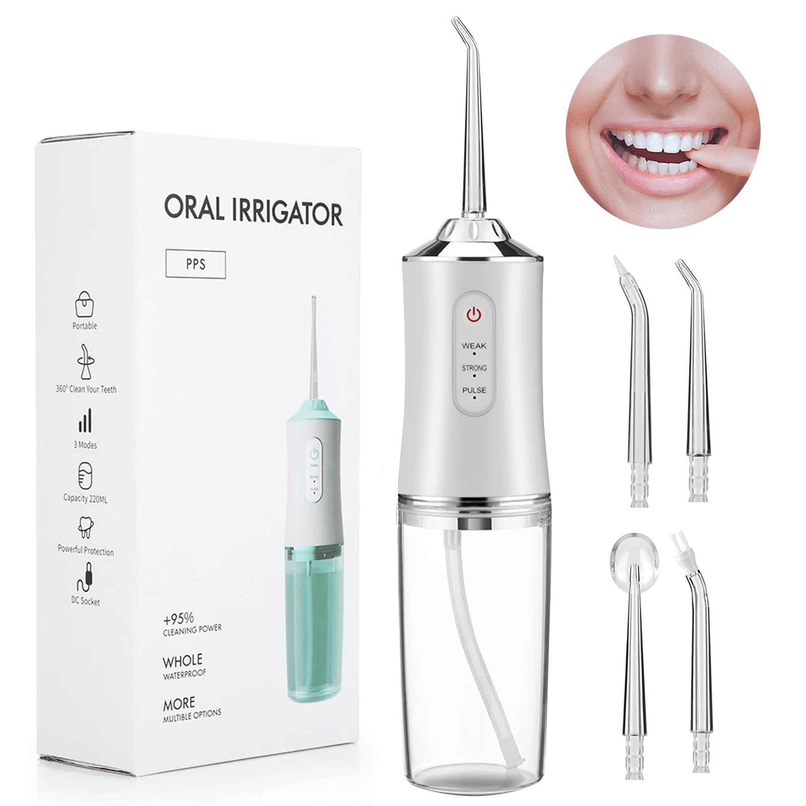 FEIGO Water Flossers for Teeth, 3 Modes & 4 Jets + Charger,  220ml Waterproof Water Flosser for Travel and Home, White