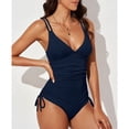 thumbnail image 2 of MSJUHEG Ruched Monokinis,1 Piece Swimsuit,Women's One-piece Swimsuits,Tummy Control Bathing Suits,High Waisted Bathing Suit,Tie Side,V Neck Blue 1 XL, 2 of 5