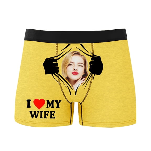 KHONTS Personalized Men's Funny Face Boxer Your Photo on Custom Underwear for Men I Love My Wife Yellow XL