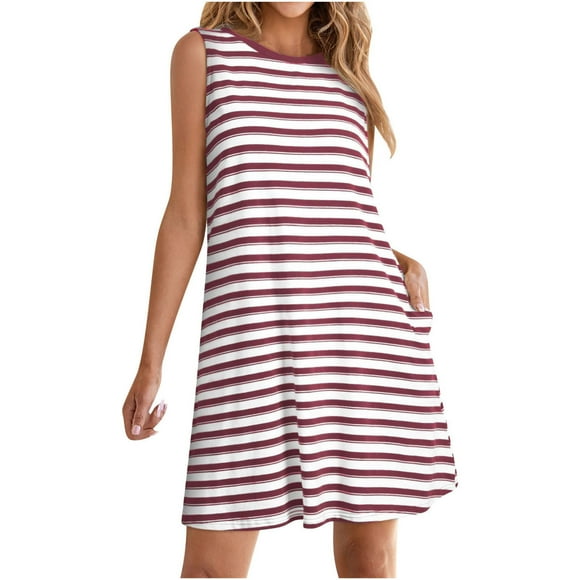 LOVZFMLL Women's Summer Dress 2025 Striped Print Sleeveless Crew Neck Tank Dress Casual Loose Beach Sundress with Pockets Wine L