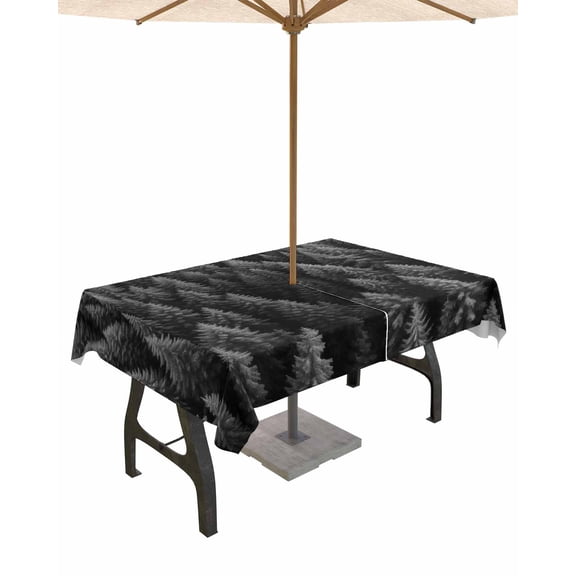 Boanket Outdoor Tablecloth with Umbrella Hole for Patio/Picnic/Party/Camping, Grey Forest Waterproof Table Cloth Rectangle Table Cover Washable, Modern Pine Trees Mysterious Art (54"x 80")