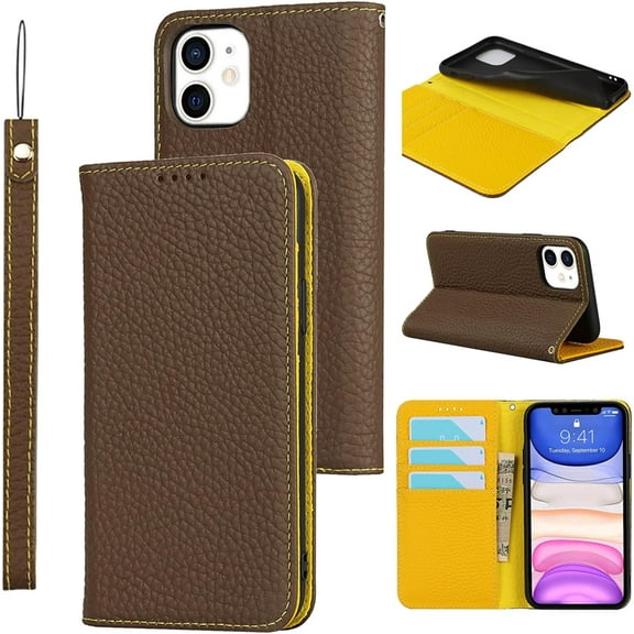 for iPhone 11 Wallet Case with RFID Blocking Card Slots Holder and Wrist Strap,Flip Folio Magnetic Closure,Kickstand,Genuine Leather Cover Case for iPhone 11 6.1",Brown