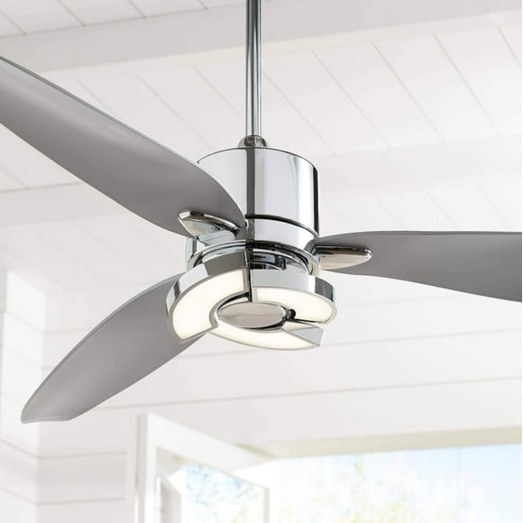 Possini Euro Design 56" Vengeance Modern Indoor Ceiling Fan 3 Blade LED Light Remote Control Chrome Finish Silver Blades Bedroom Living Room Kitchen Dining Office Decorative with 6" Downrod