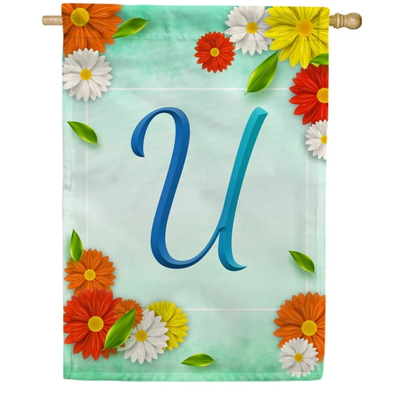 America Forever Summer Floral Monogram House Flag Letter U 28 x 40 inches Cosmos Yellow Red White Spring Flower Double Sided Vertical Outdoor Yard Lawn Decorative Seasonal Summertime House Flag
