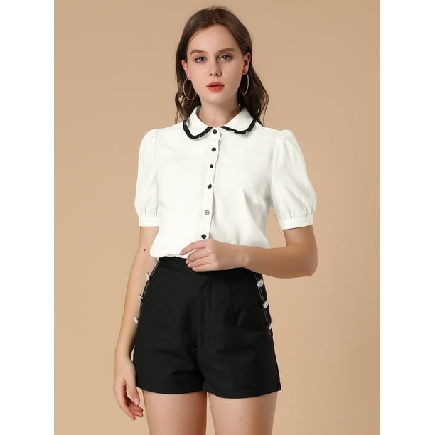 INSPIRE CHIC Blusa De Trabajo De Manga Corta Con Cuello Abullonado