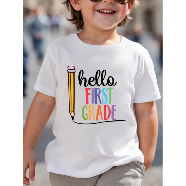Boys' First Grade Pencil Print T-Shirt - Colorful "Hello FIRST GRADE" Graphic, Cotton Breathable Microfiber, Casual Youngsters Wear | Playful Youngsters Design | Comfortable Fit