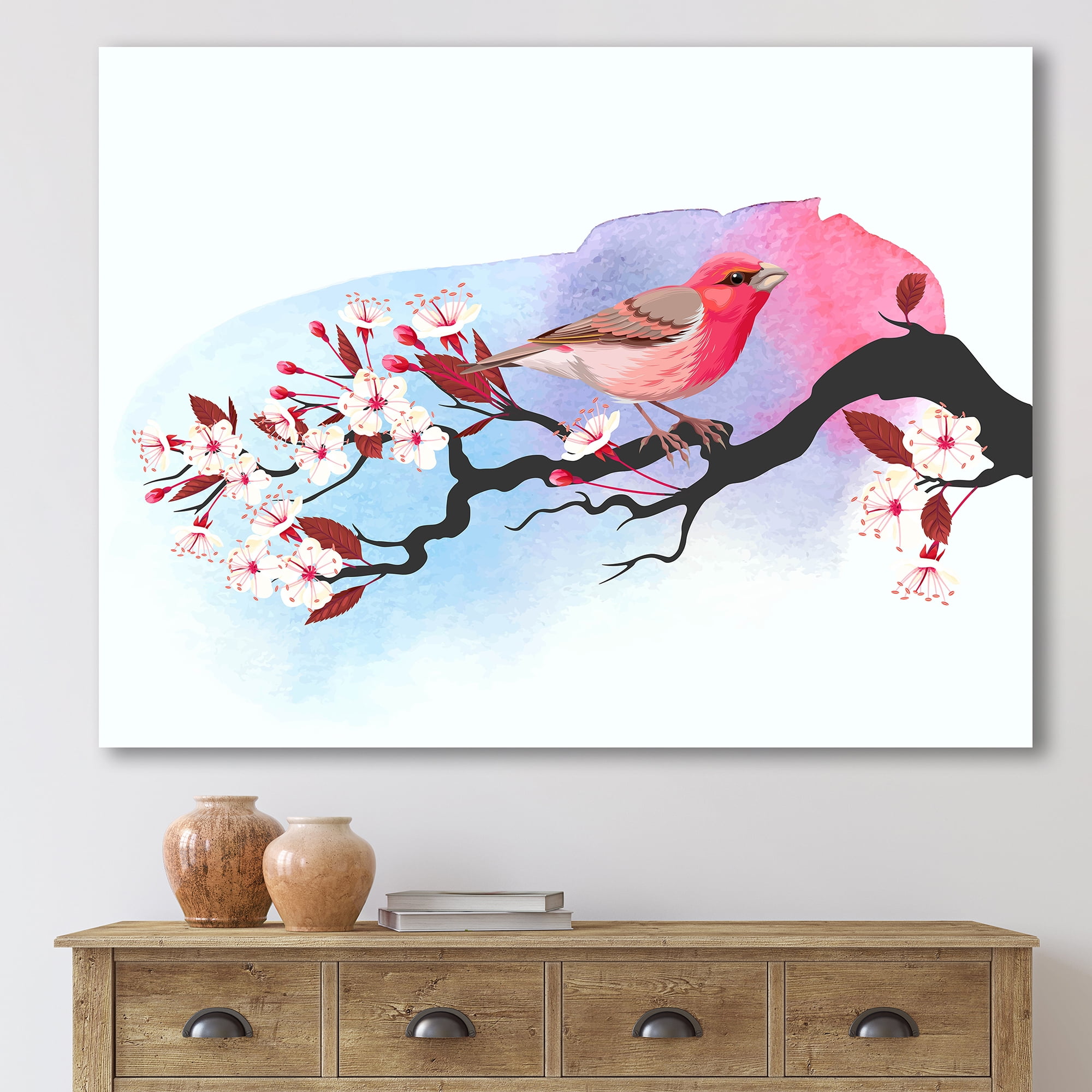 Designart ' Pink Bird Sitting On Cherry Branch ' Traditional Canvas Wall Art Print