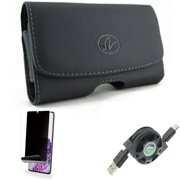 USB Cable w Case Belt Clip w Privacy Screen Protector for Samsung Galaxy S20 Plus - Retractable Type-C Charger, Leather Swivel Holster, TPU Film [NOT GLASS] [Fingerprint Works] fits Galaxy S20 Plus