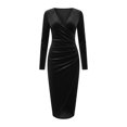 thumbnail image 6 of Karymi Dresses for Women Solid Velvet Long Sleeve Dress, Wrap V Neck Ruched Waist Bodycon Midi Dresses with Irregular Split Hem for Evening Holiday Party, 6 of 6