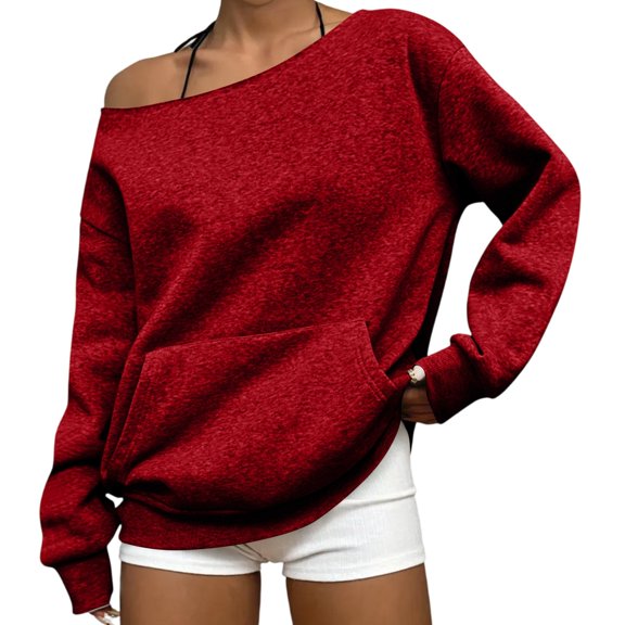 Resicozy Off the Shoulder Sweatshirt for Women Trendy Oversized Cute Crewneck Sweatshirts Fall Travel Plain Hoodie with Pocket Red M