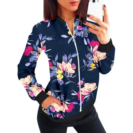 

Hwmodou Womens Casual Jackets Short Sleeve Casual Daily Lightweight Zip Up Casual Floral Print Coat Stand Collar Sports Outwear Zipper Tops Jackets For Women