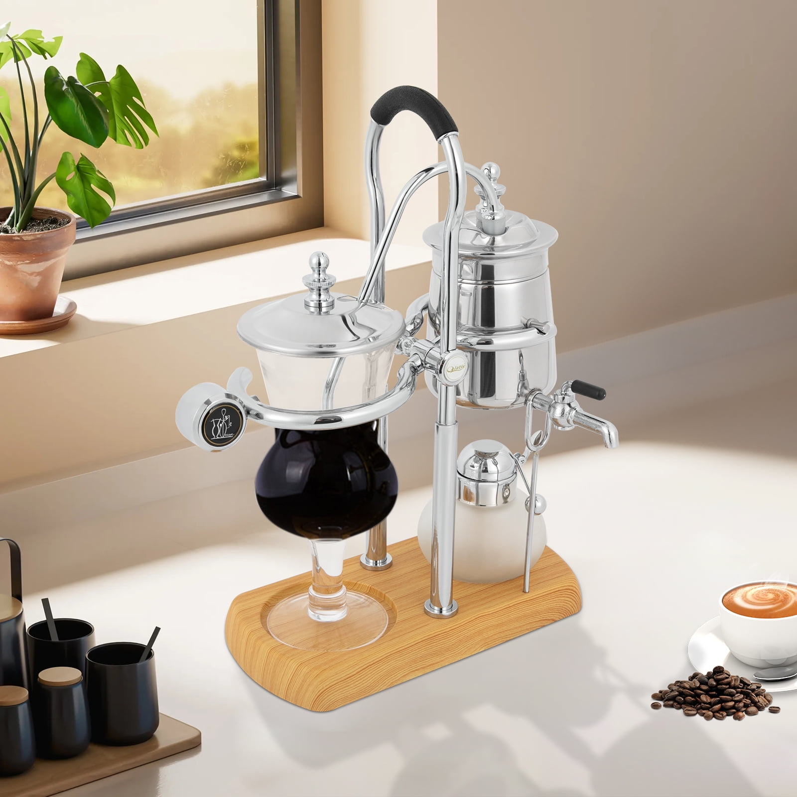 Belgian Syphon Coffee Maker Set, 4-Cup Vintage Luxury Royal Siphon Coffee Brewer for Home Office Silver