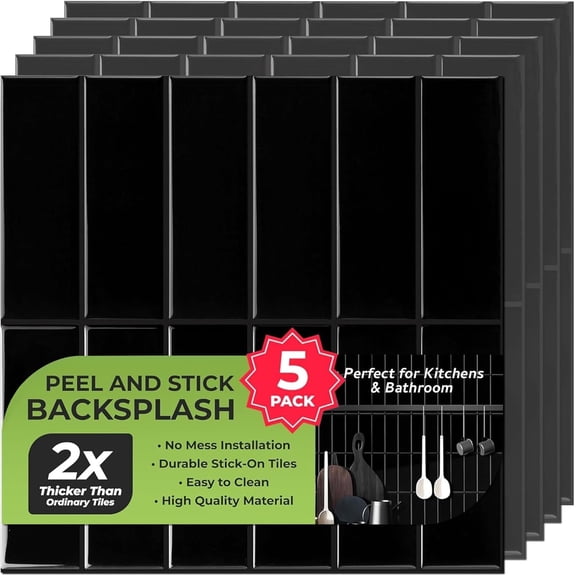 SELECT 5 Pack Peel and Stick Backsplash Subway Tiles, Extra Thick 3D Wall Panels, Heat & Water Resistant, Easy DIY Kitchen, Bathroom, Laundry, Fireplace & Rental Home Wall Décor (12 x 12 in), Black