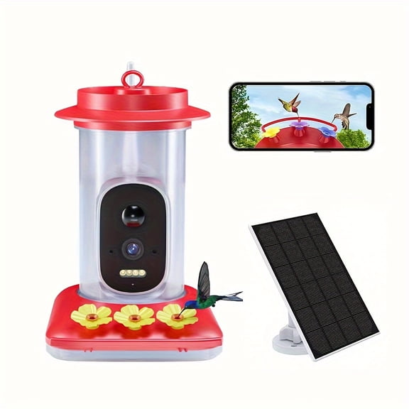 ASKITO Hummingbird Feeder with Camera Outdoor, Hanging Bird Feeder with Ant Moat & Bee-Proof, Solar Powered, AI Bird Identify, Hummingbird Lover Gifts, Red