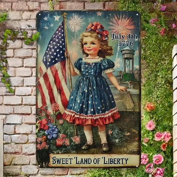 Novelty Sign, Sweet Land of Liberty Patriotic Metal Wall Art - Vintage 8x12 Inch American Flag Girl Plaque with July 4th 1776 Date, Stars & Fireworks Design - Rustic Home Decor for Living Room, Indepe