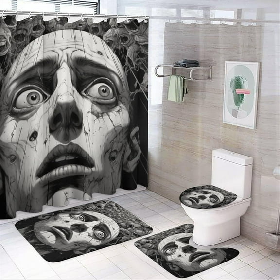 4PCS Gothic Skeleton Shower Curtain Set Abstract Dark Style Horror Comic Bathroom Decor Sets with Rugs Bathroom Accessories Set Bathroom Curtain Shower Set with 12 Hooks