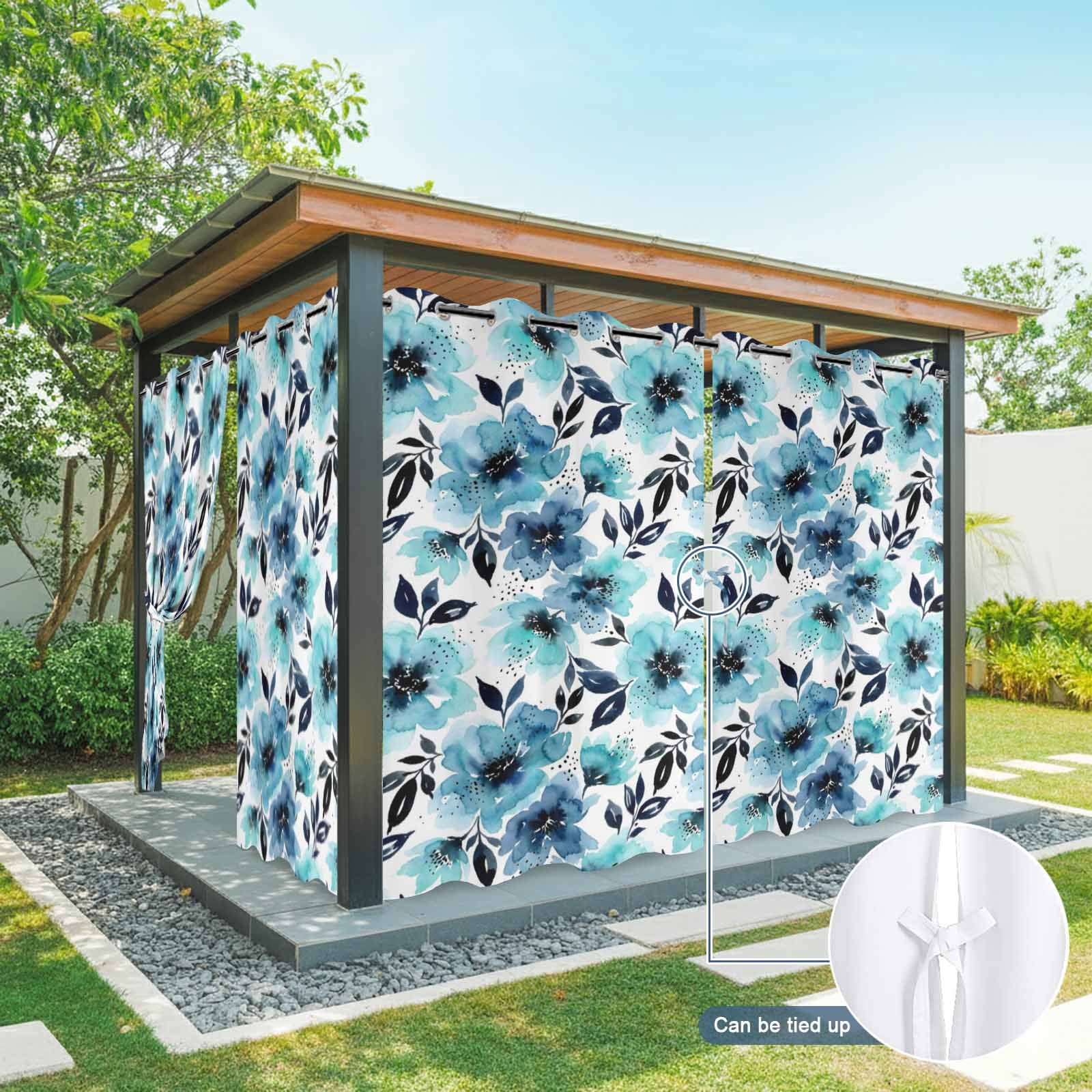 Botanical Floral Leaves Outdoor Curtains for Patio, Watercolor Painting Blue Gradient Blooms Sunshade Privacy Drapes Grommet Waterproof Outside Curtains for Porch/Cabana/Balcony 54"x 108", 1 Panel