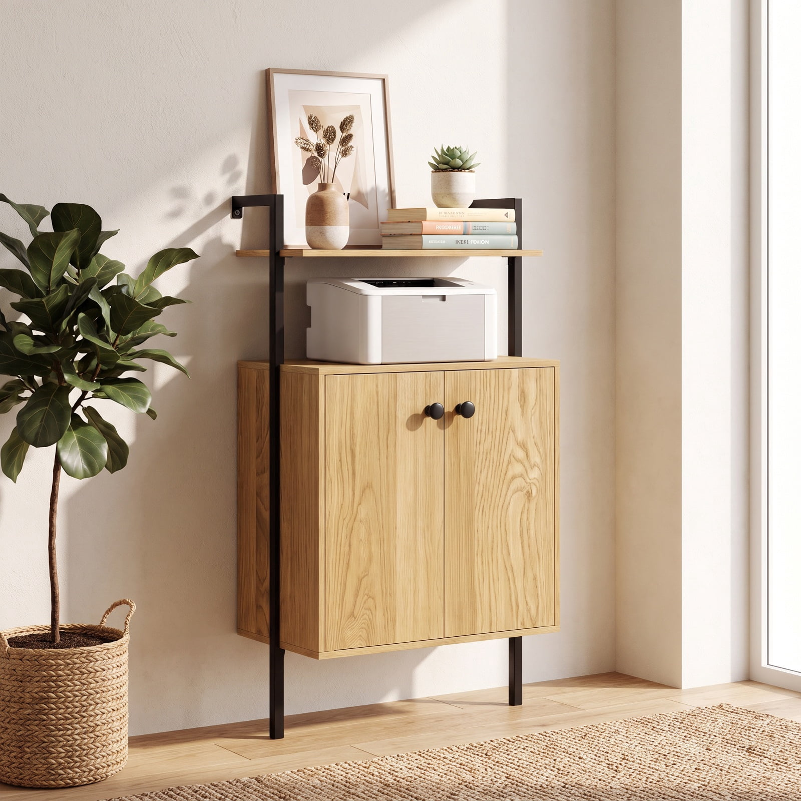 Furnibear 2-Door Wall Mount Bookshelf with Storage Cabinet for Living Room Home Office Bedroom Display Storage Shelf, Natural