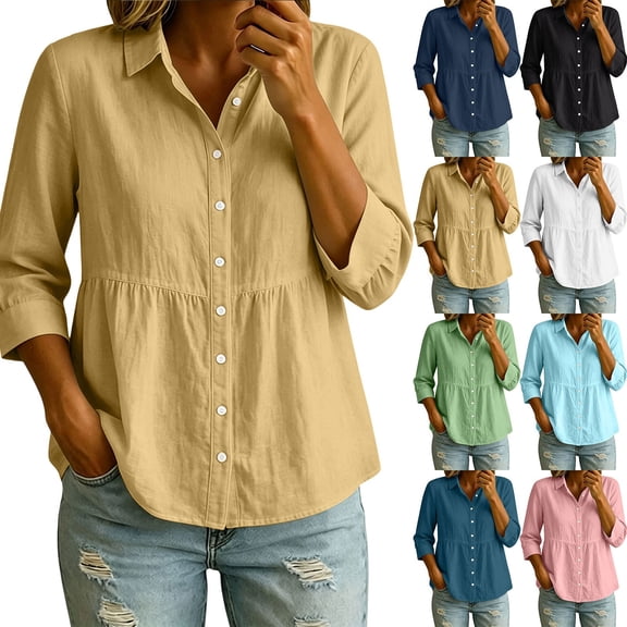 Feancey Womens Peplum Button Down Shirt Cotton Linen 3/4 Sleeve Collared Shirts Loose Fit Casual Babydoll Tops 2026 Fall Fashion Black L