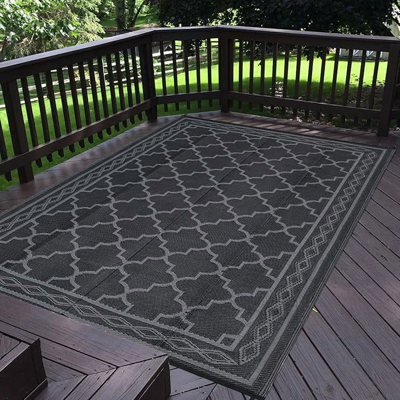 Outdoor Rug 10x14 Reversible Mats, Plastic Straw Rug, Large Floor Mat and Rug for Outdoors, Modern Area Rug, Patio, Backyard, Deck, Picnic, Beach, Trailer, Camping, Black/Grey(Geometric)
