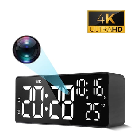 Aiacmea 4K Ultra HD Smart Clock with Indoor Security Camera, Wireless WiFi Home Camera with Night Vision, Smart Alarm Clock with Time & Temperature Display, Plug-in Powered (No Battery)