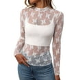 thumbnail image 2 of Womens Long Sleeve Mesh Top See Through Mock Neck Sheer Blouses White Leaves S, 2 of 9