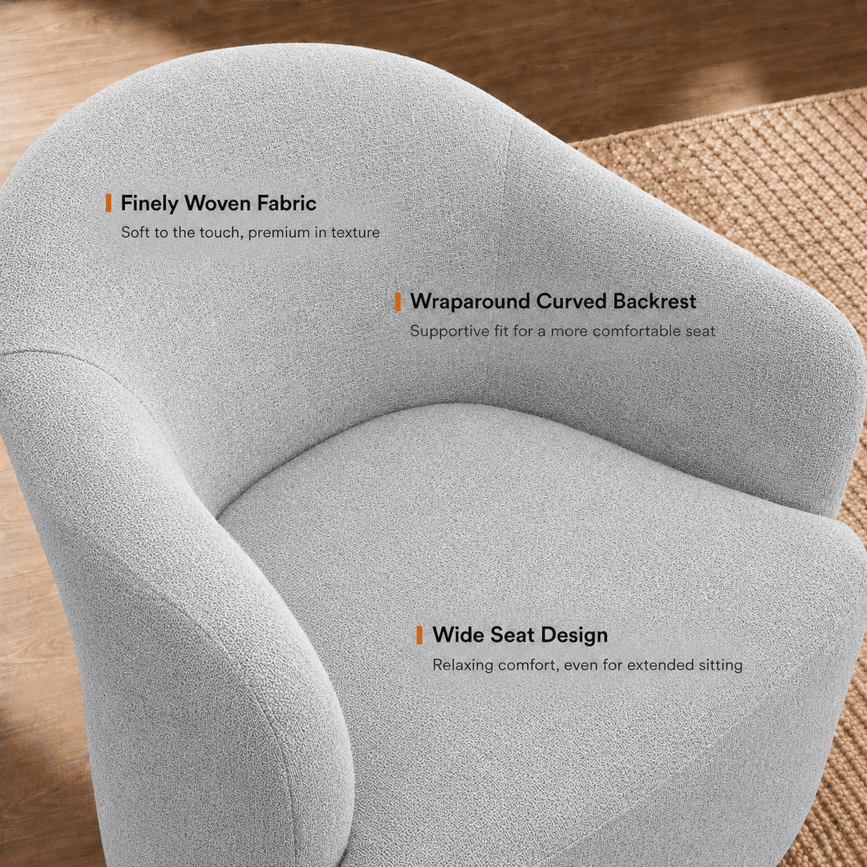 Aenkyo Dining Chair with Casters, Upholstered Barrel Back Rolling Accent Chair, Feather Gray