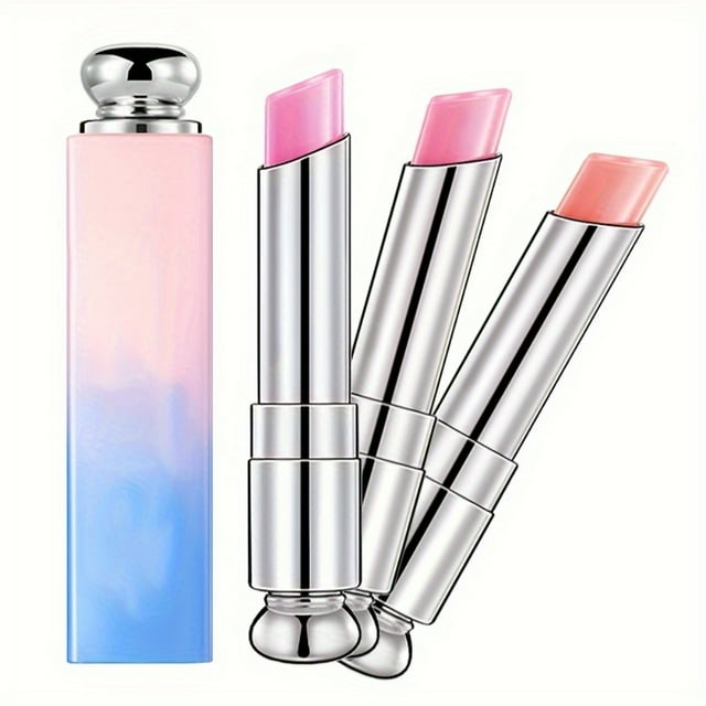 LNGOOR 3 Pcs Temperature Sensitive Lip Care Jelly Crystal Lip Balm Set featuring three moisturizing, color-changing lipsticks in a mixed pink color system. The set includes a gradient pink and blue case and three silver tubes with jelly-textured lip balms suitable for all skin types.