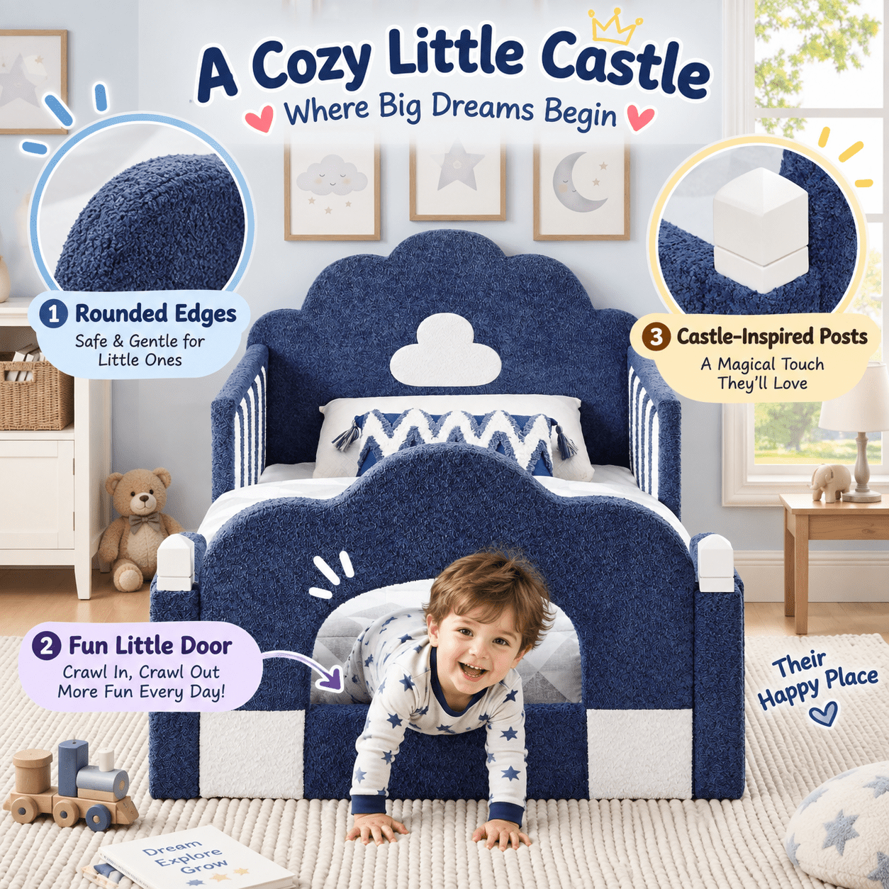 Wakefit Twin Size Kids Cloud Bed with Safety Guardrails,Boucle Upholstered Platform Bed Frame with Wood Slats,Cute Daybed for Girls Boys Bedroom,Sky Blue