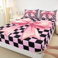 thumbnail image 4 of Homewish Dreamy Princess Bowknot Twin Sheet Sets for Kids, Black Pink Checkered Plaid Twin Fitted Sheet, Kawaii Ribbon Flat Sheet, Microfiber Bedroom Decor, 3-Piece, 4 of 8