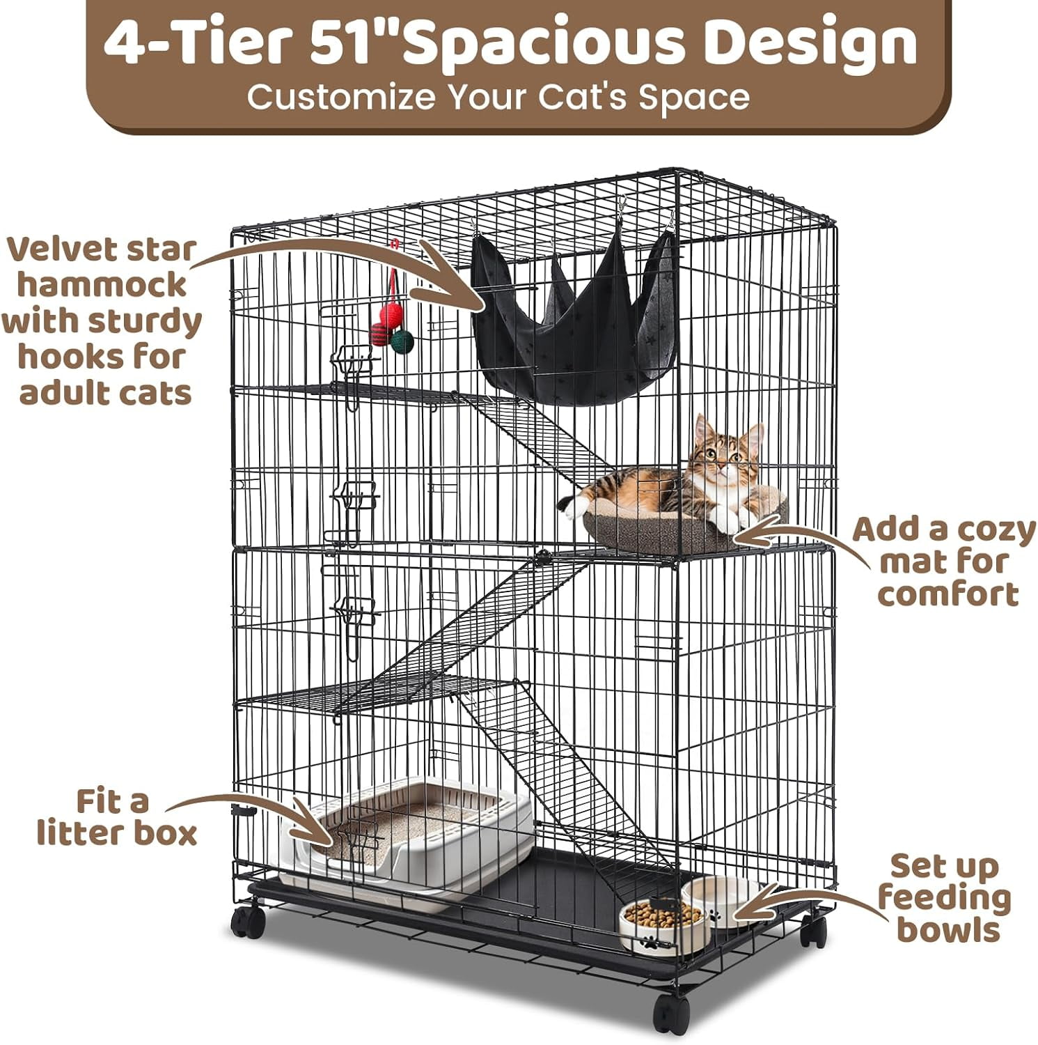 Homey Pet 51 Inch Cat Cages Indoor, Large 4-Tier Cat Crates for Indoor Cats, Collapsible Metal Wire Cat Enclosures Big Kennel for Adult Cats Kitten  with Hammock, Ladders, 360° Wheels